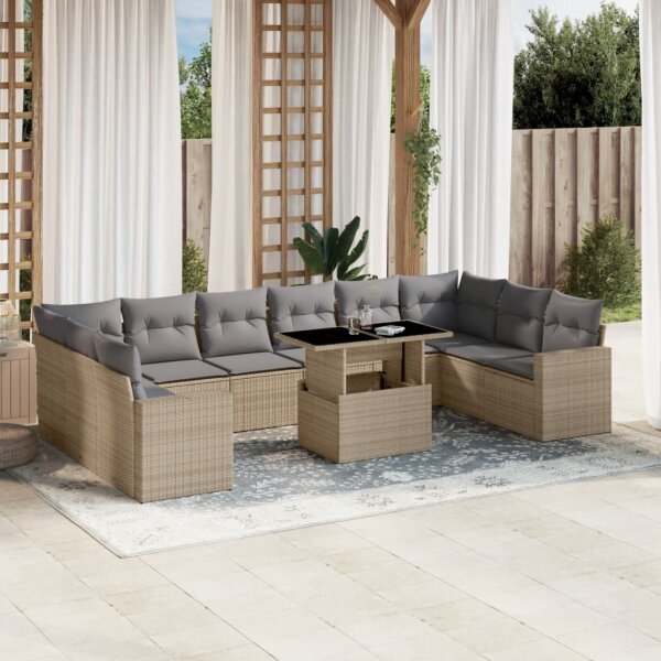 vidaXL 11-tlg. Garten-Sofagarnitur mit Kissen Beige Poly Rattan