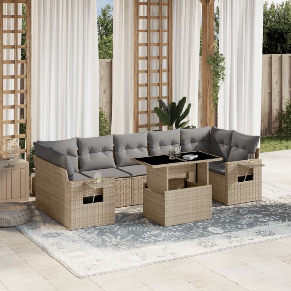 vidaXL 8-tlg. Garten-Sofagarnitur mit Kissen Beige Poly Rattan