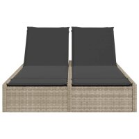 vidaXL Doppel-Sonnenliege mit Kissen Hellgrau Poly Rattan