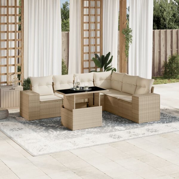 vidaXL 7-tlg. Garten-Sofagarnitur mit Kissen Beige Poly Rattan