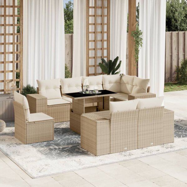 vidaXL 9-tlg. Garten-Sofagarnitur mit Kissen Beige Poly Rattan