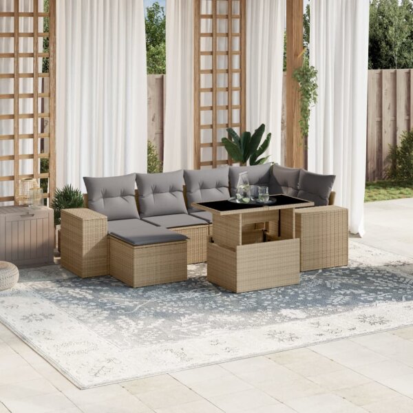 vidaXL 7-tlg. Garten-Sofagarnitur mit Kissen Beige Poly Rattan