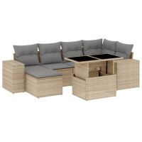 vidaXL 7-tlg. Garten-Sofagarnitur mit Kissen Beige Poly Rattan