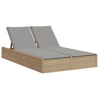 vidaXL Doppel-Sonnenliege mit Auflagen Beige Poly Rattan