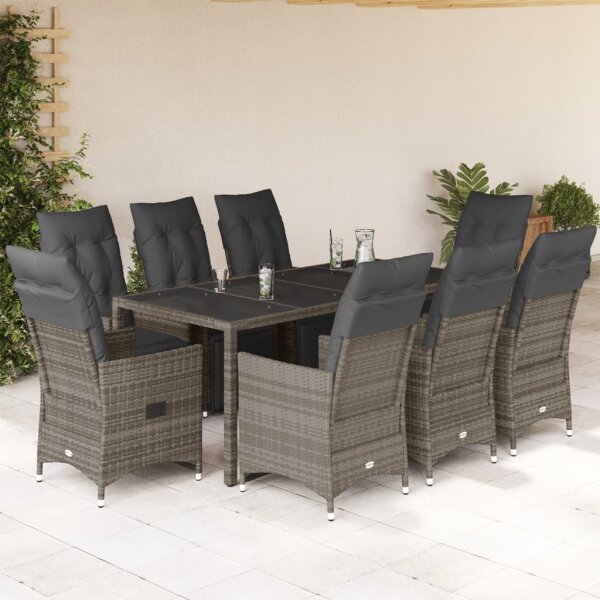 vidaXL 9-tlg. Garten-Bistro-Set mit Kissen Grau Poly Rattan