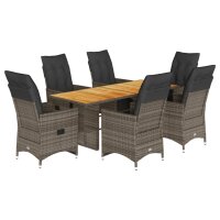 vidaXL 7-tlg. Garten-Bistro-Set mit Kissen Grau Poly Rattan