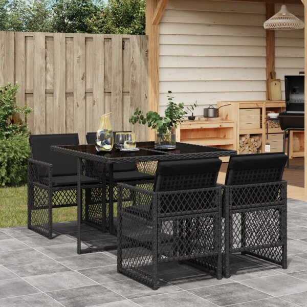 vidaXL 5-tlg. Garten-Essgruppe mit Kissen Schwarz Poly Rattan