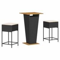 vidaXL 3-tlg. Gartenbar-Set mit Kissen Schwarz Poly Rattan