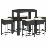 vidaXL 7-tlg. Gartenbar-Set mit Kissen Schwarz Poly Rattan