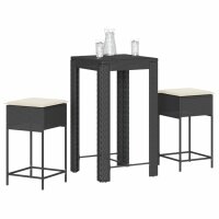 vidaXL 3-tlg. Gartenbar-Set mit Kissen Schwarz Poly Rattan