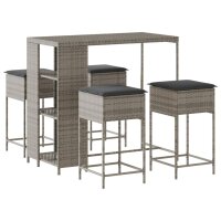 vidaXL 5-tlg. Gartenbar-Set mit Kissen Grau Poly Rattan