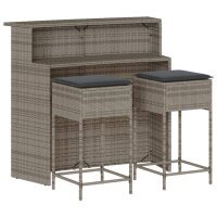 vidaXL 3-tlg. Gartenbar-Set mit Kissen Grau Poly Rattan