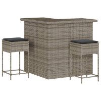 vidaXL 3-tlg. Gartenbar-Set mit Kissen Grau Poly Rattan