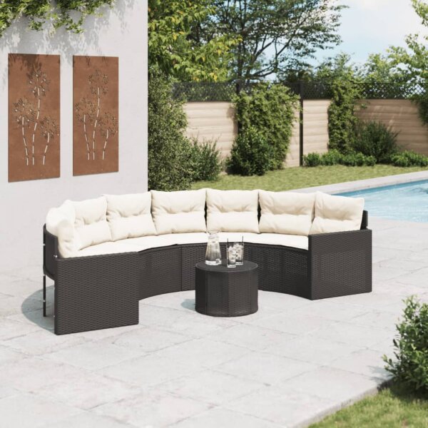 vidaXL Gartensofa mit Tisch und Kissen Halbrund Schwarz Poly-Rattan