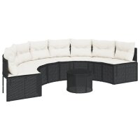 vidaXL Gartensofa mit Tisch und Kissen Halbrund Schwarz Poly-Rattan