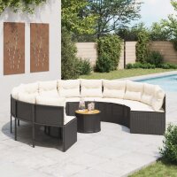 vidaXL Gartensofa mit Tisch und Kissen Rund Schwarz Poly-Rattan