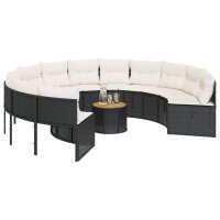 vidaXL Gartensofa mit Tisch und Kissen Rund Schwarz Poly-Rattan