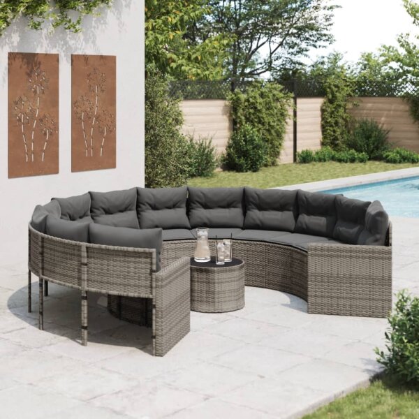 vidaXL Gartensofa mit Tisch und Kissen Rund Grau Poly Rattan