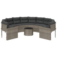 vidaXL Gartensofa mit Tisch und Kissen Rund Grau Poly Rattan