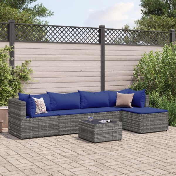 vidaXL 6-tlg. Garten-Lounge-Set mit Kissen Grau Poly Rattan