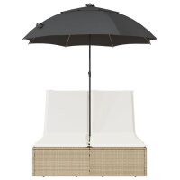 vidaXL Doppel-Sonnenliege mit Kissen &amp; Sonnenschirm Beige Poly Rattan