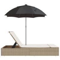 vidaXL Doppel-Sonnenliege mit Kissen &amp; Sonnenschirm Beige Poly Rattan