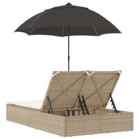 vidaXL Doppel-Sonnenliege mit Kissen &amp; Sonnenschirm Beige Poly Rattan