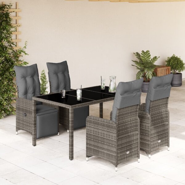 vidaXL 5-tlg. Garten-Bistro-Set mit Kissen Grau Poly Rattan