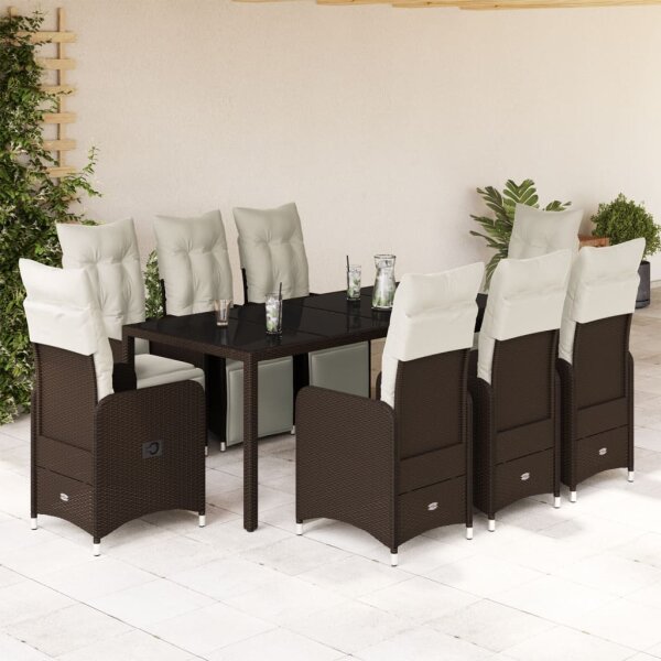 vidaXL 9-tlg. Garten-Bistro-Set mit Kissen Braun Poly Rattan