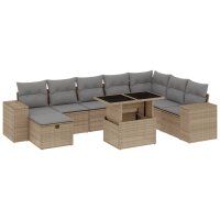 vidaXL 9-tlg. Garten-Sofagarnitur mit Kissen Beige Poly Rattan