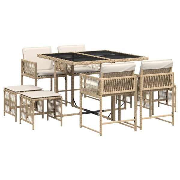 vidaXL 9-tlg. Garten-Essgruppe mit Kissen Beige Poly Rattan