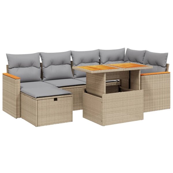 vidaXL 7-tlg. Garten-Sofagarnitur mit Kissen Beige Poly Rattan