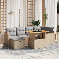 vidaXL 7-tlg. Garten-Sofagarnitur mit Kissen Beige Poly Rattan