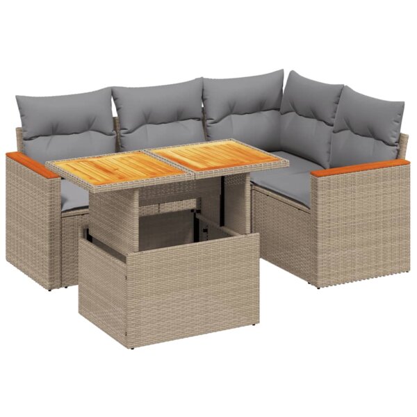 vidaXL 5-tlg. Garten-Sofagarnitur mit Kissen Beige Poly Rattan