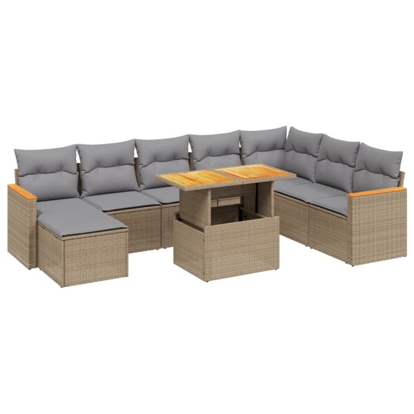 vidaXL 9-tlg. Garten-Sofagarnitur mit Kissen Beige Poly Rattan