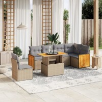 vidaXL 7-tlg. Garten-Sofagarnitur mit Kissen Beige Poly Rattan