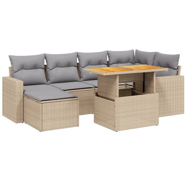 vidaXL 7-tlg. Garten-Sofagarnitur mit Kissen Beige Poly Rattan