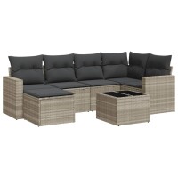 vidaXL 7-tlg. Garten-Sofagarnitur mit Kissen Hellgrau Poly Rattan