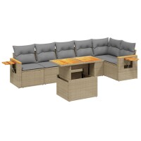 vidaXL 7-tlg. Garten-Sofagarnitur mit Kissen Beige Poly Rattan