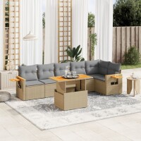 vidaXL 7-tlg. Garten-Sofagarnitur mit Kissen Beige Poly Rattan