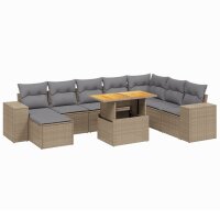 vidaXL 9-tlg. Garten-Sofagarnitur mit Kissen Beige Poly Rattan