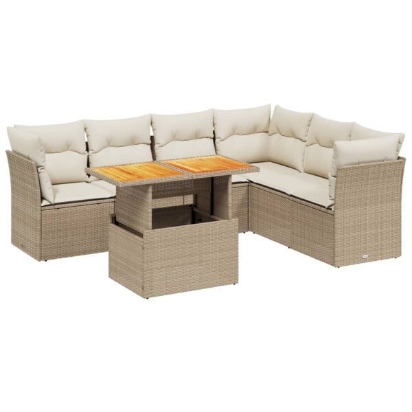 vidaXL 7-tlg. Garten-Sofagarnitur mit Kissen Beige Poly Rattan