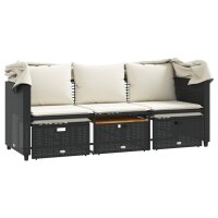 vidaXL Outdoor-Sofa 3-Sitzer mit Dach und Hockern Schwarz Poly-Rattan