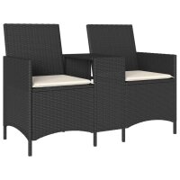 vidaXL Gartensofa 2-Sitzer mit Tisch und Kissen Schwarz Poly Rattan