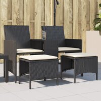 vidaXL Gartensofa 2-Sitzer mit Tisch und Hockern Schwarz Poly Rattan