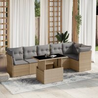 vidaXL 7-tlg. Garten-Sofagarnitur mit Kissen Beige Poly Rattan