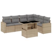 vidaXL 7-tlg. Garten-Sofagarnitur mit Kissen Beige Poly Rattan