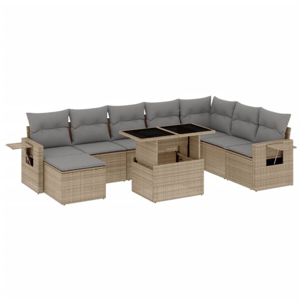 vidaXL 9-tlg. Garten-Sofagarnitur mit Kissen Beige Poly Rattan