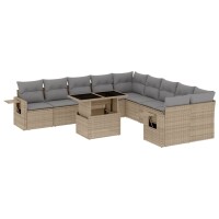 vidaXL 11-tlg. Garten-Sofagarnitur mit Kissen Beige Poly Rattan