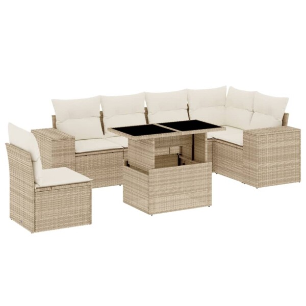 vidaXL 7-tlg. Garten-Sofagarnitur mit Kissen Beige Poly Rattan